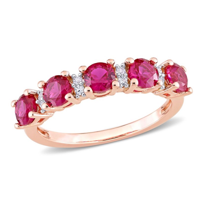 Lab Created Created Ruby and Created White Sapphire Semi Eternity Ring in Rose Gold Plated Sterling Silver