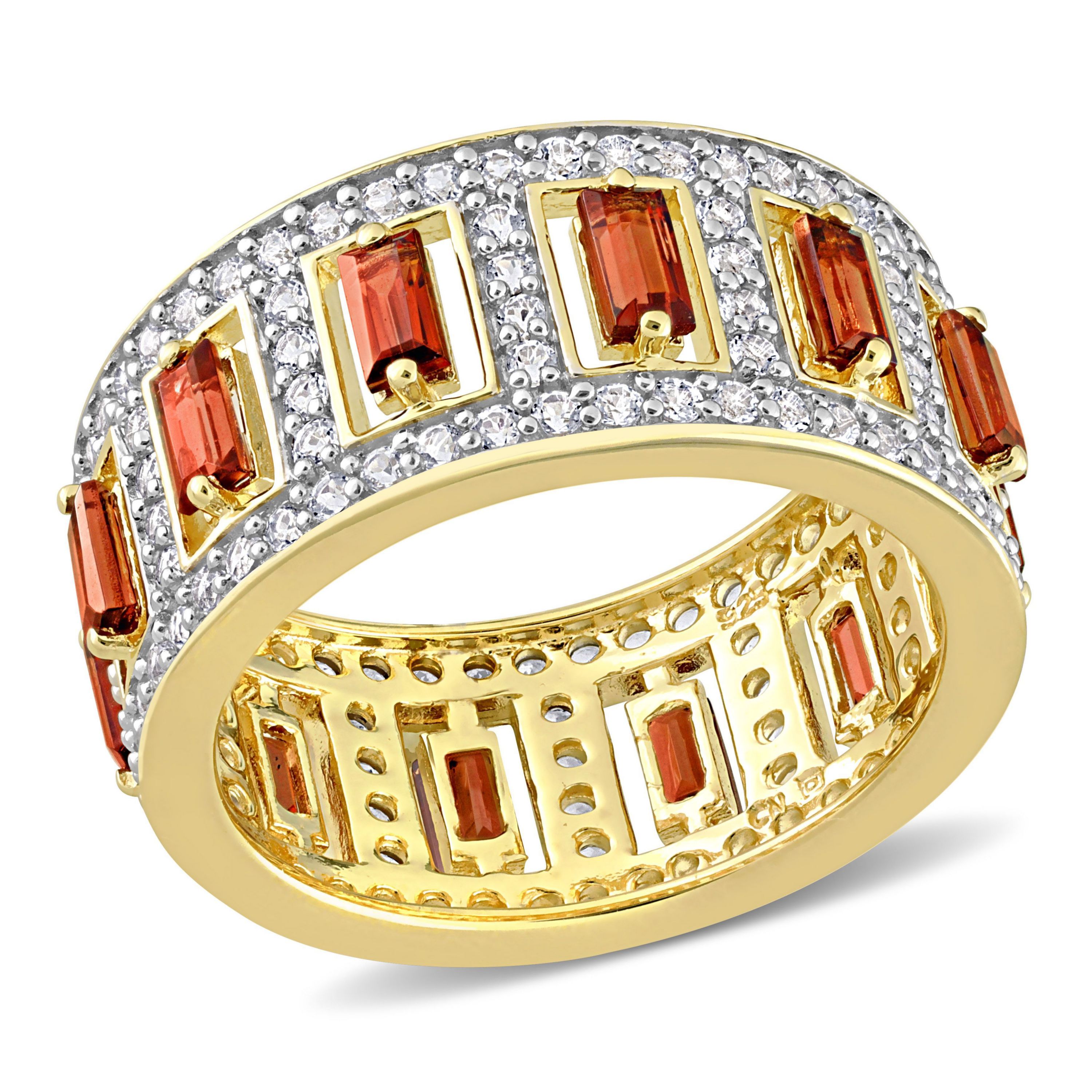 Baguette Garnet and White Topaz Eternity Ring in Yellow Plated Sterling Silver