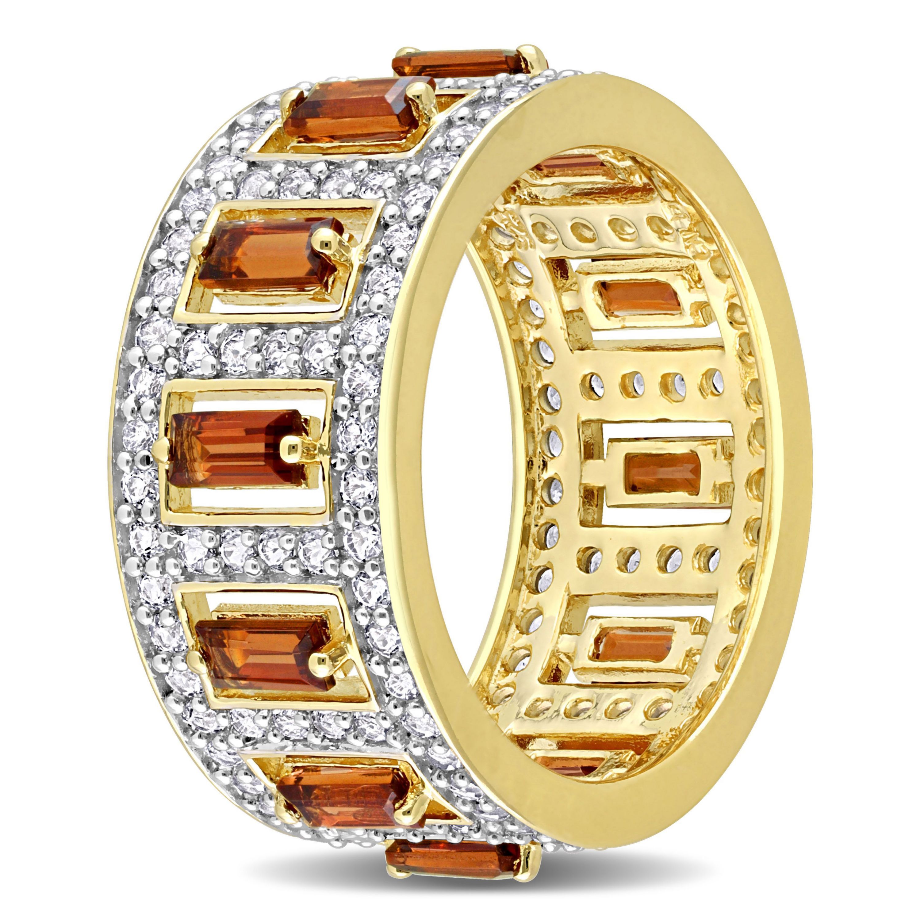 Baguette Garnet and White Topaz Eternity Ring in Yellow Plated Sterling Silver