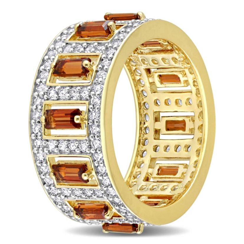 Baguette Garnet and White Topaz Eternity Ring in Yellow Plated Sterling Silver
