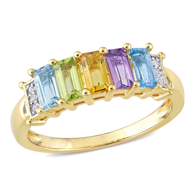 Baguette Sky-Blue Topaz Peridot Citrine Rose de France Swiss-Blue Topaz White Topaz Engagement Ring in Yellow Plated Sterling Silver
