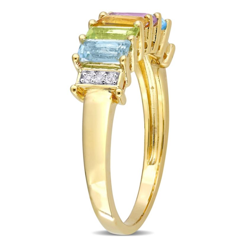 Baguette Sky-Blue Topaz Peridot Citrine Rose de France Swiss-Blue Topaz White Topaz Engagement Ring in Yellow Plated Sterling Silver
