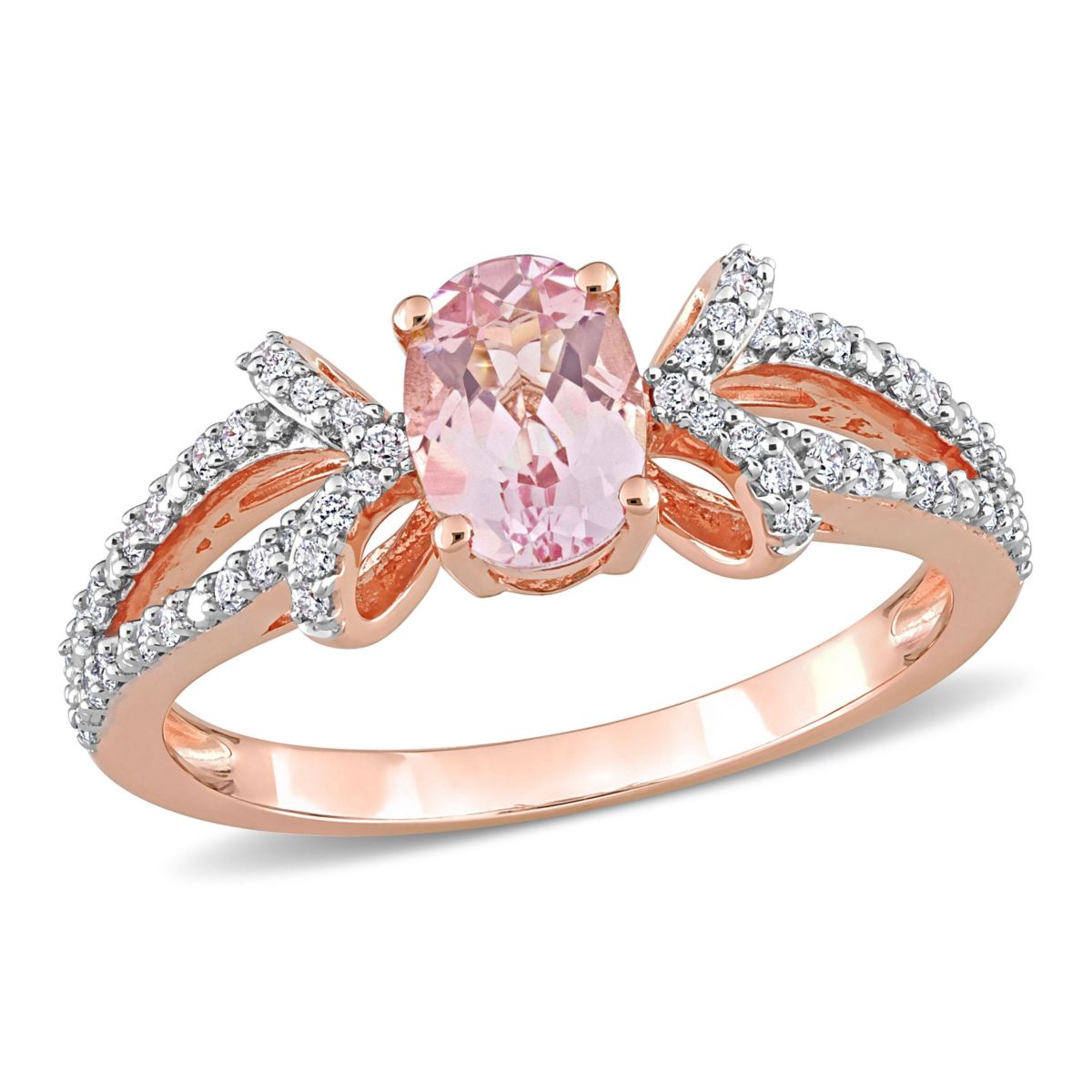 Belk & Co. Oval Morganite and 1/5 CT TW Diamond Bow Ring in 14k Rose ...