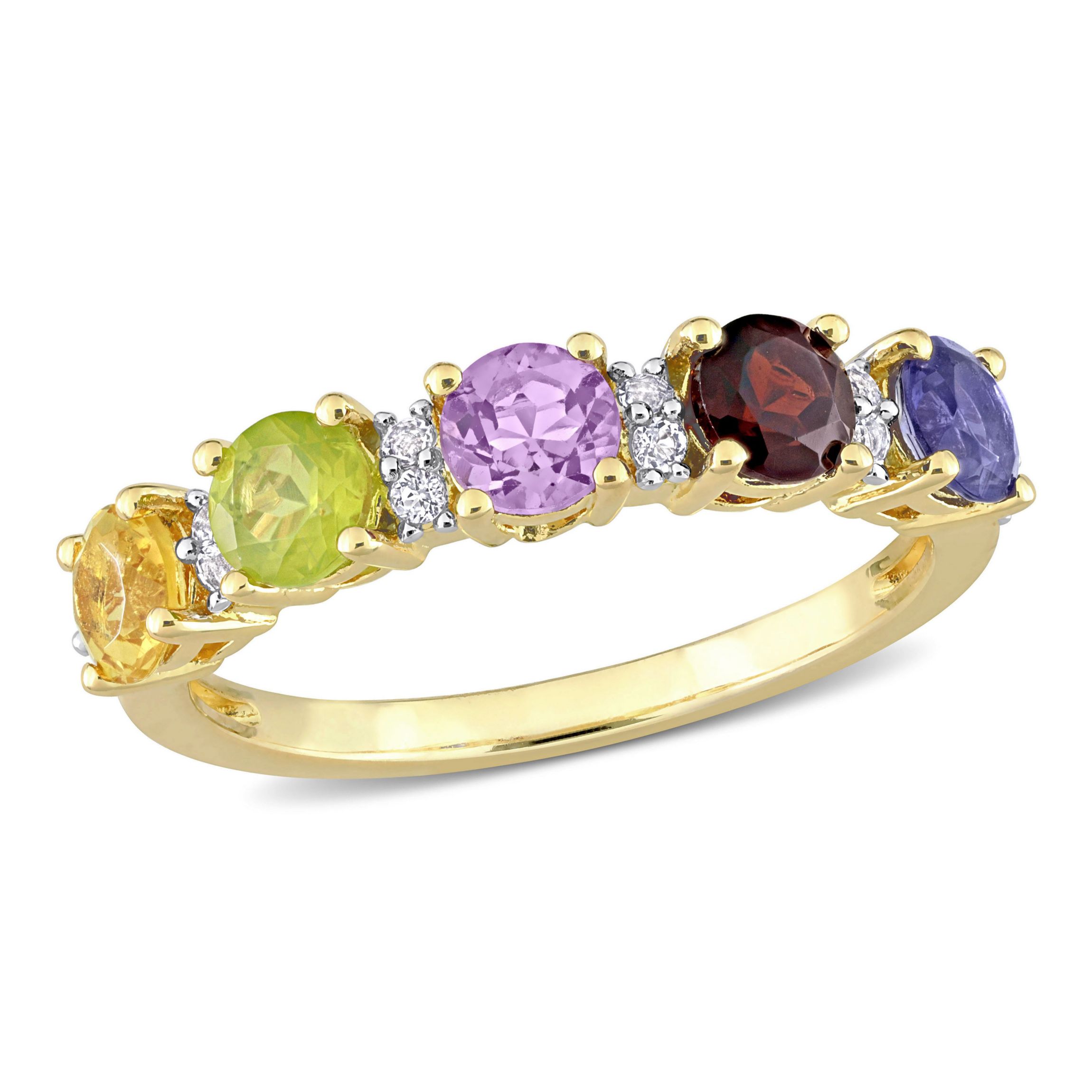 White Topaz, Amethyst, Iolite, Garnet, Citrine & Peridot Semi Eternity Ring in Yellow Gold Plated Sterling Silver