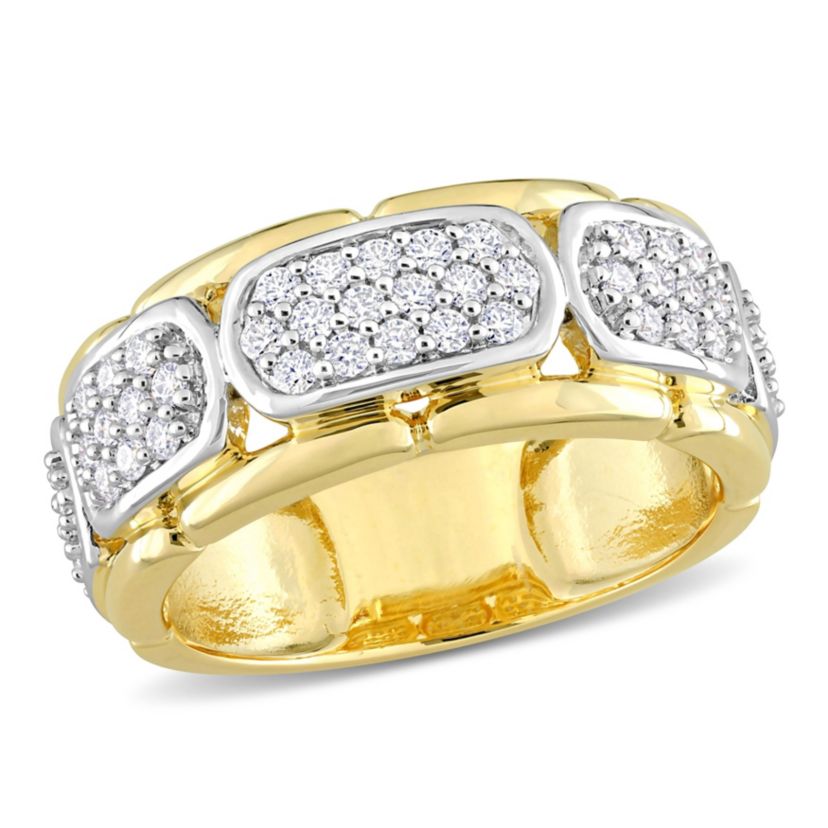 Lab Created Moissanite Station Mens Ring in 2-Tone Sterling Silver with Yellow Gold Plating