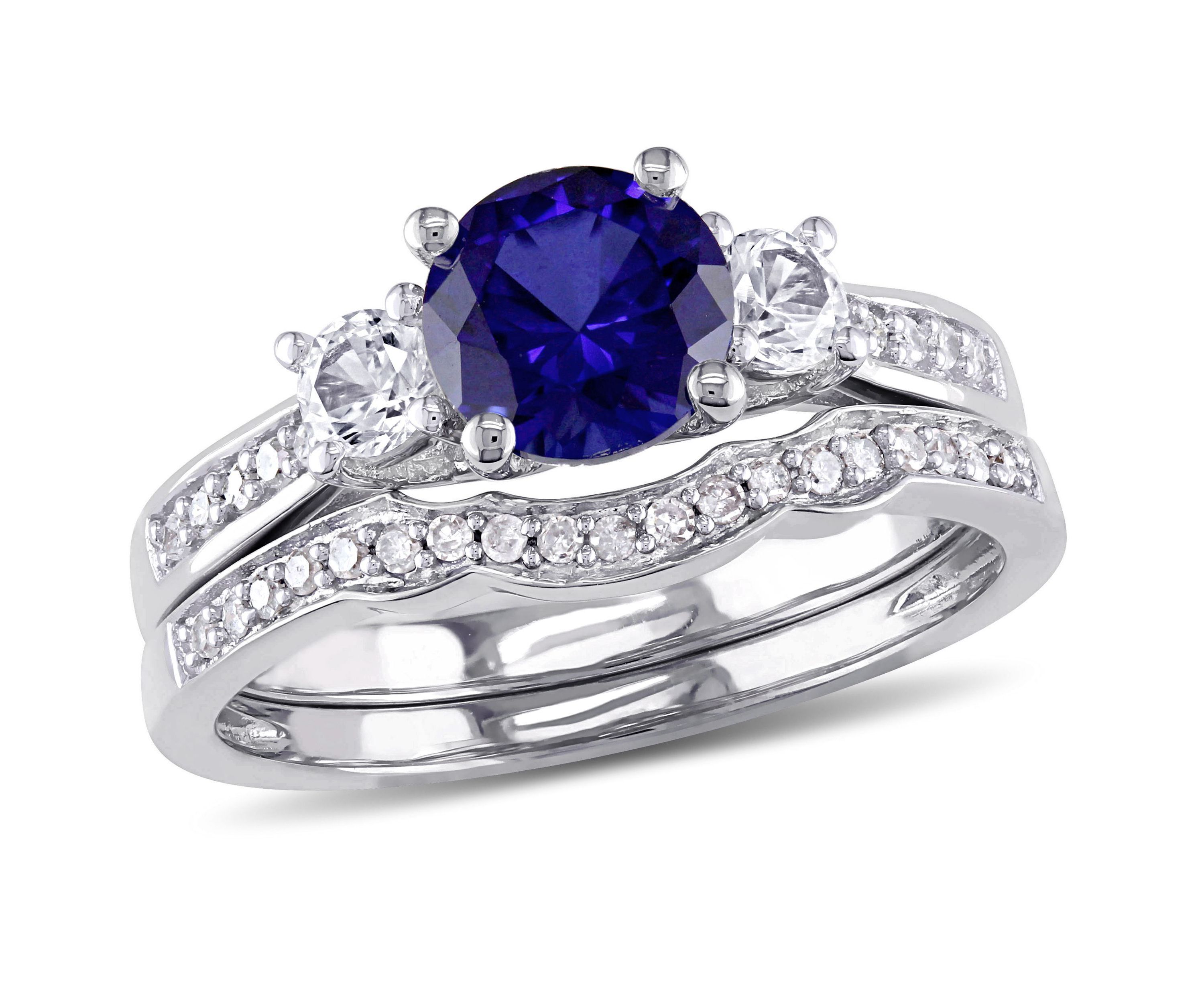 1.31 ct. t.g.w. Created Blue and White Sapphire and 1/7 ct. t.w. Diamond Bridal Ring Set in 10K White Gold