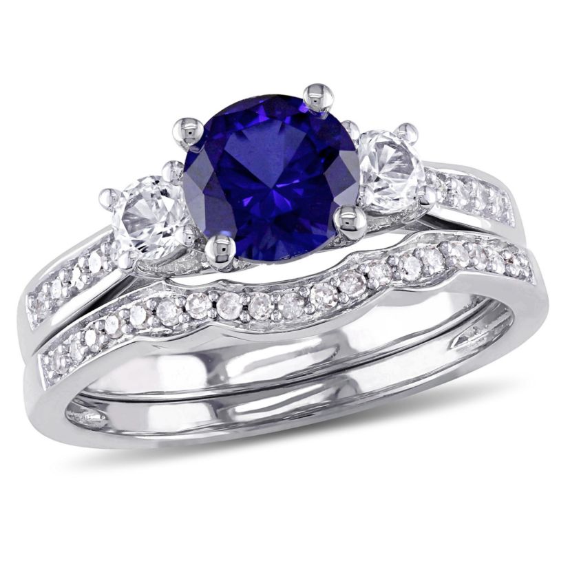 1.31 ct. t.g.w. Created Blue and White Sapphire and 1/7 ct. t.w. Diamond Bridal Ring Set in 10K White Gold