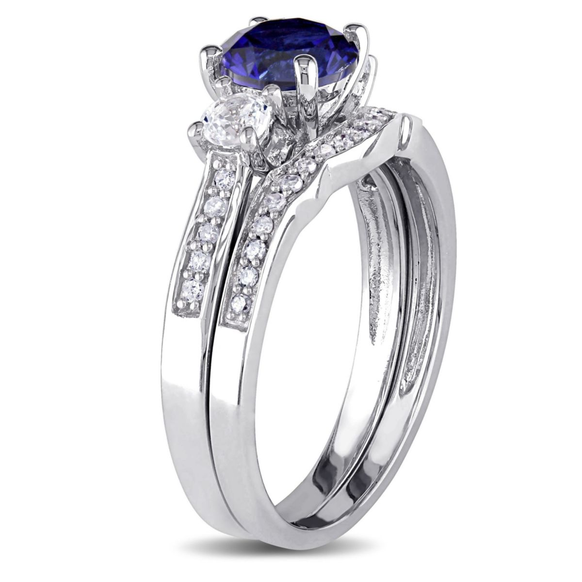 1.31 ct. t.g.w. Created Blue and White Sapphire and 1/7 ct. t.w. Diamond Bridal Ring Set in 10K White Gold