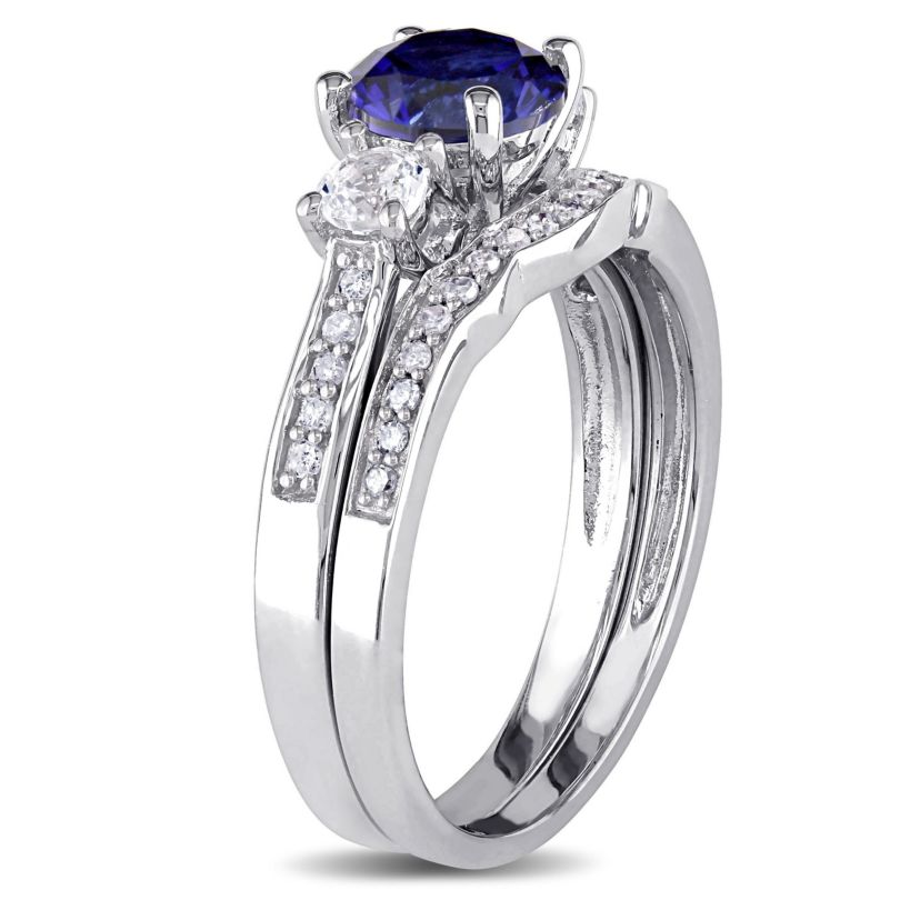 1.31 ct. t.g.w. Created Blue and White Sapphire and 1/7 ct. t.w. Diamond Bridal Ring Set in 10K White Gold