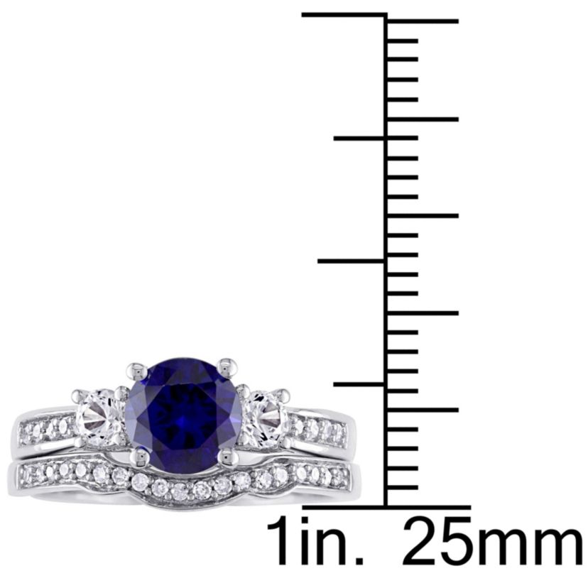 1.31 ct. t.g.w. Created Blue and White Sapphire and 1/7 ct. t.w. Diamond Bridal Ring Set in 10K White Gold