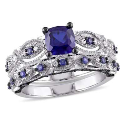 Belk & Co Lab Created 2 ct. t.g.w. Blue Sapphire and 1/10 ct. t.w. Diamond Engagement Ring in 10K White Gold with Black Rhodium Plated, 6