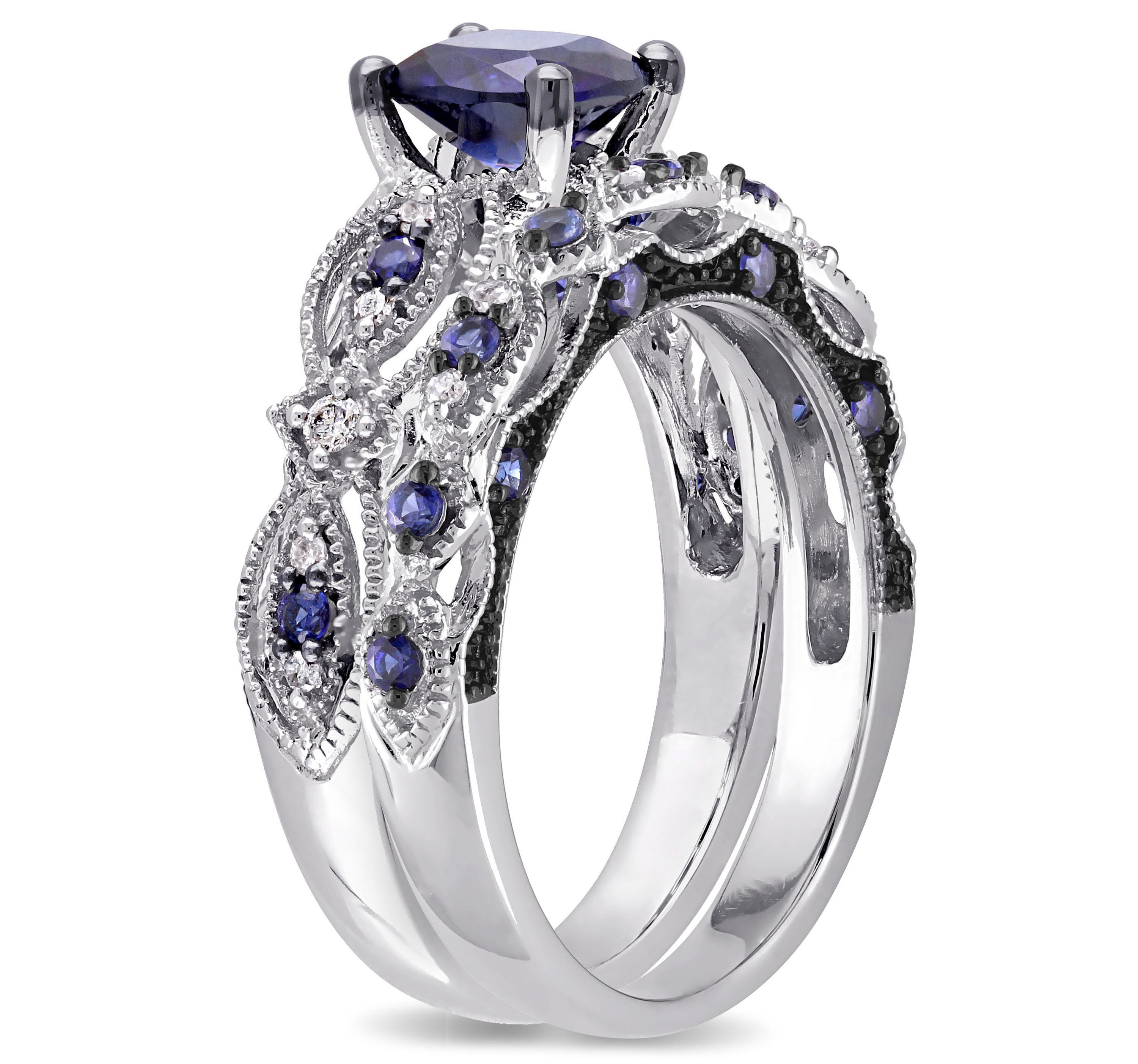 2 ct. t.g.w. Created Blue Sapphire and 1/10 ct. t.w. Diamond Engagement Ring in 10K White Gold with Black Rhodium Plated