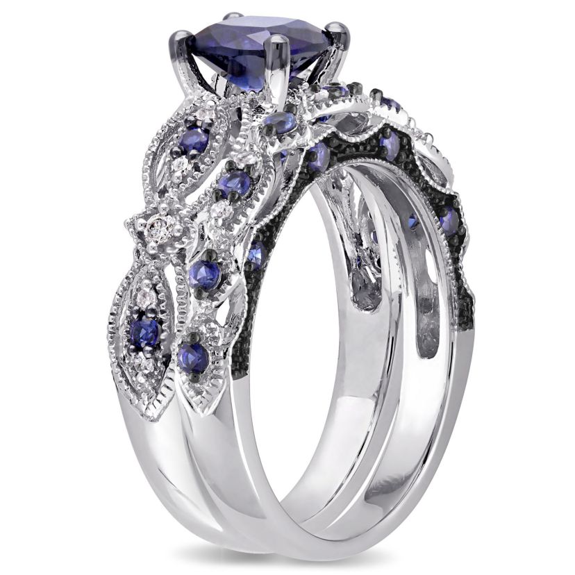 2 ct. t.g.w. Created Blue Sapphire and 1/10 ct. t.w. Diamond Engagement Ring in 10K White Gold with Black Rhodium Plated