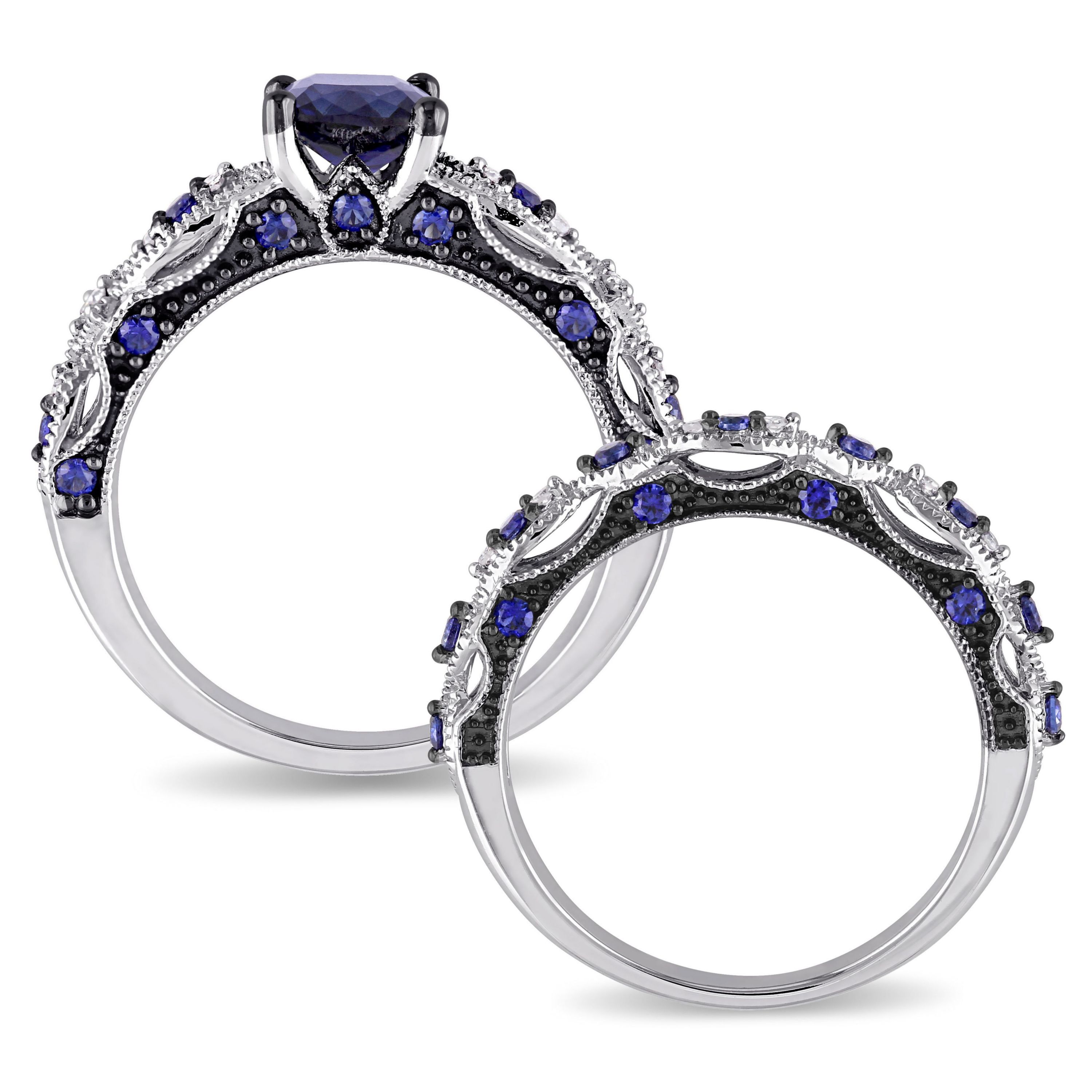 2 ct. t.g.w. Created Blue Sapphire and 1/10 ct. t.w. Diamond Engagement Ring in 10K White Gold with Black Rhodium Plated