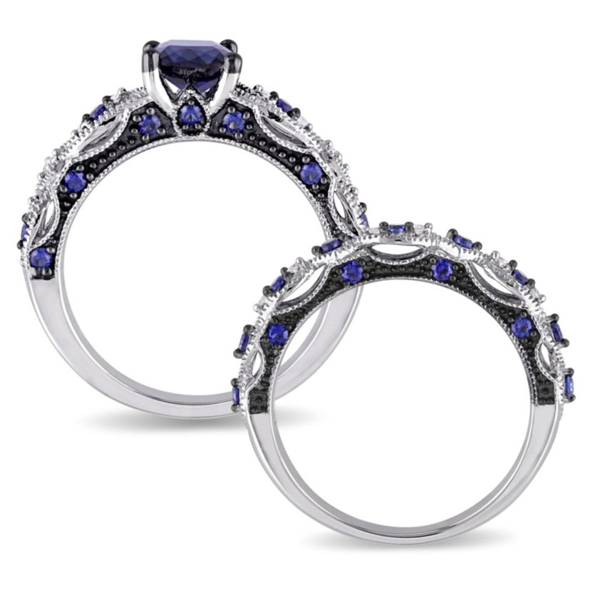 2 ct. t.g.w. Created Blue Sapphire and 1/10 ct. t.w. Diamond Engagement Ring in 10K White Gold with Black Rhodium Plated