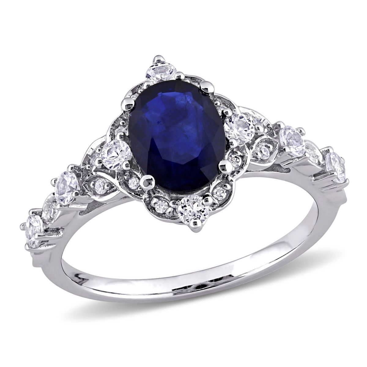 2 ct. t.g.w. Diffused Blue Sapphire, White Sapphire and 1/10 ct. t.w. Diamond Halo Cocktail Ring in 10K White Gold