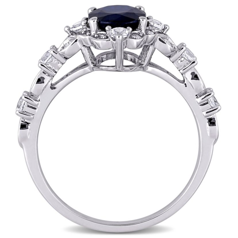 2 ct. t.g.w. Diffused Blue Sapphire, White Sapphire and 1/10 ct. t.w. Diamond Halo Cocktail Ring in 10K White Gold