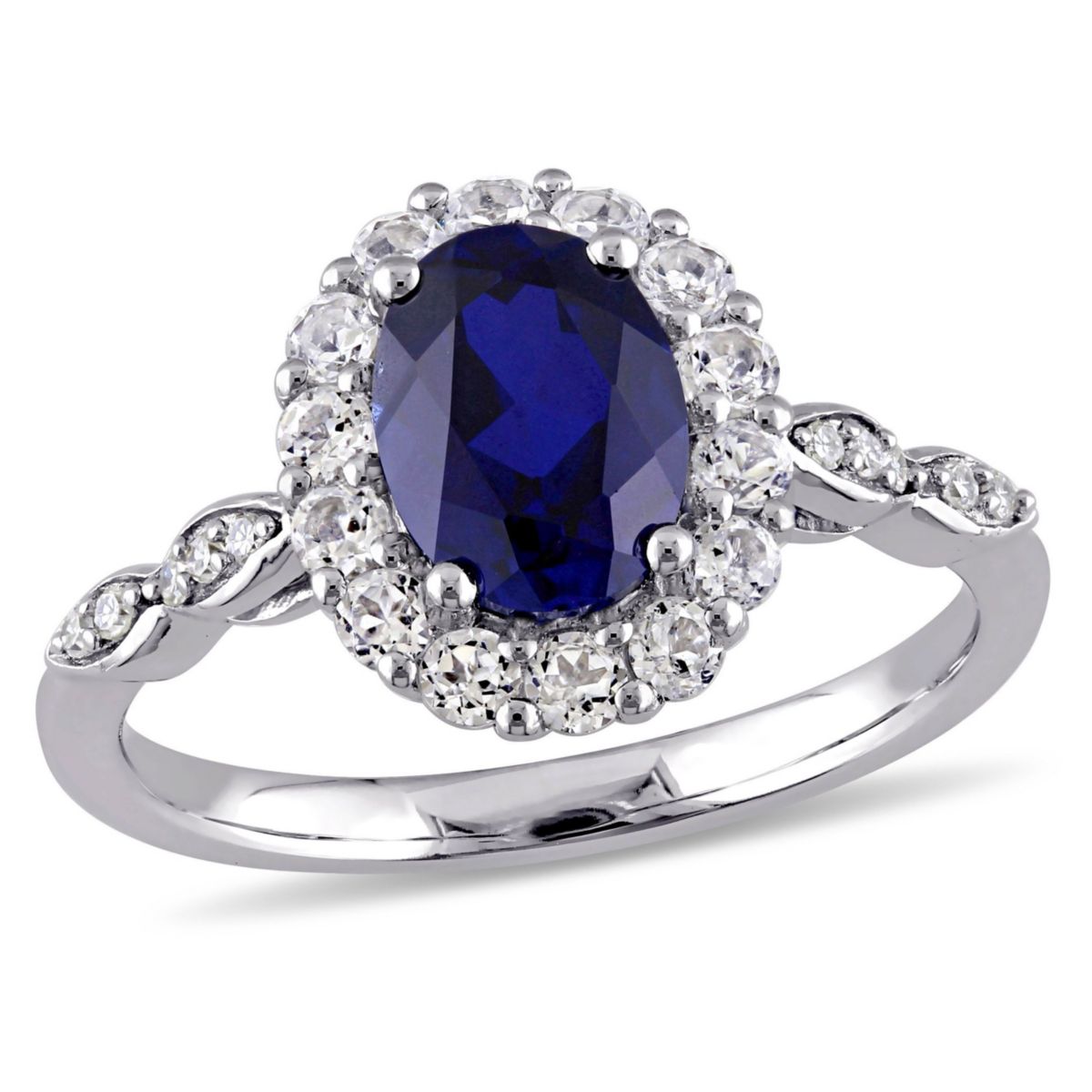 2.63 ct. t.g.w. Created Blue Sapphire, White Topaz and 1/10 ct. t.w. Diamond Halo Ring in 14K White Gold