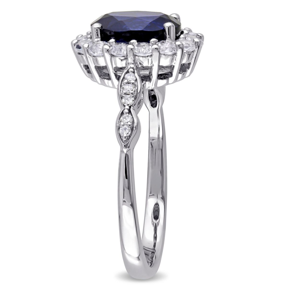 2.63 ct. t.g.w. Created Blue Sapphire, White Topaz and 1/10 ct. t.w. Diamond Halo Ring in 14K White Gold