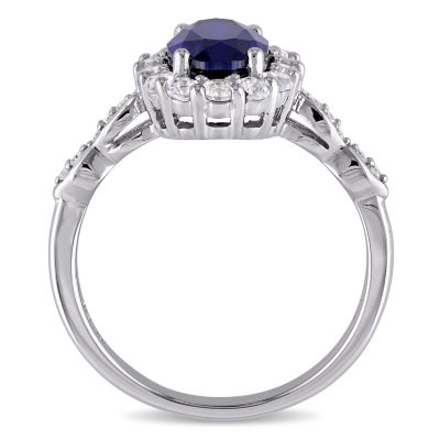 2.63 ct. t.g.w. Created Blue Sapphire, White Topaz and 1/10 t.w. Diamond Halo Ring 14K Gold