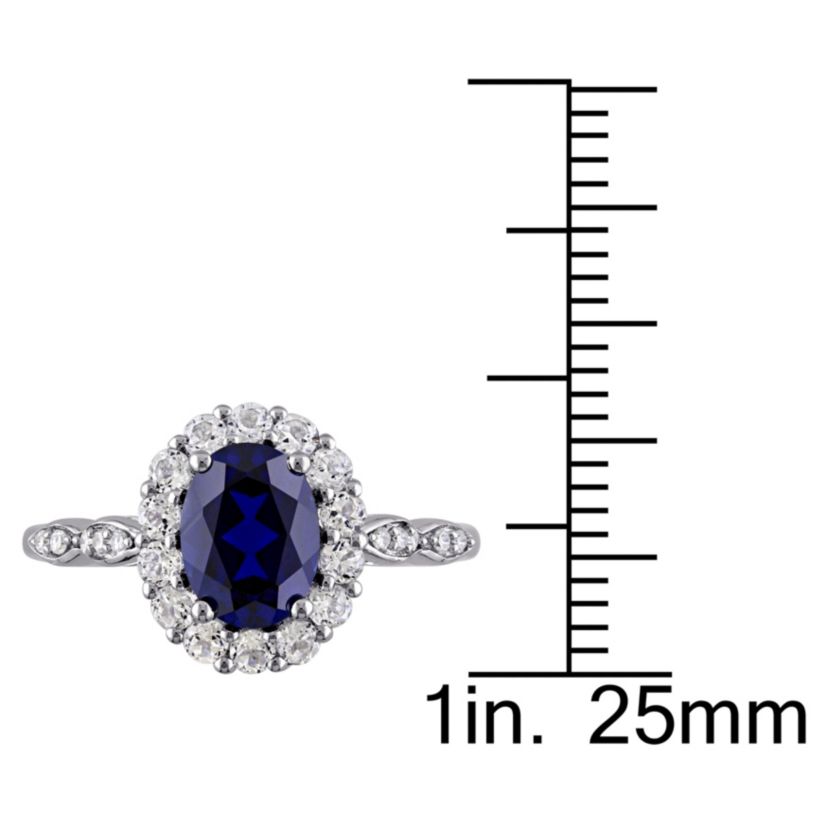 2.63 ct. t.g.w. Created Blue Sapphire, White Topaz and 1/10 ct. t.w. Diamond Halo Ring in 14K White Gold