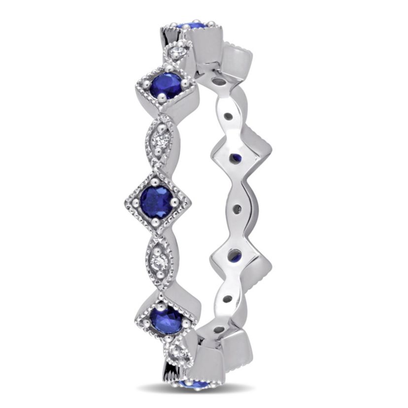 1/2 ct. t.g.w. Created Blue Sapphire and 1/10 ct. t.w. Diamond Stackable Ring in 10K White Gold