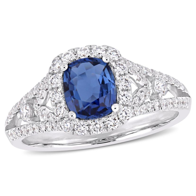 1.16 ct. t.g.w. Blue Sapphire and 5/8 ct. t.w. Diamond Vintage Halo Ring in 14K White Gold