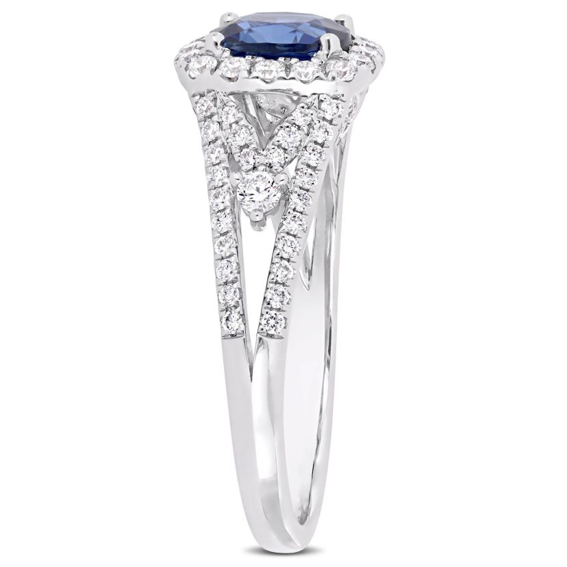 1.16 ct. t.g.w. Blue Sapphire and 5/8 ct. t.w. Diamond Vintage Halo Ring in 14K White Gold
