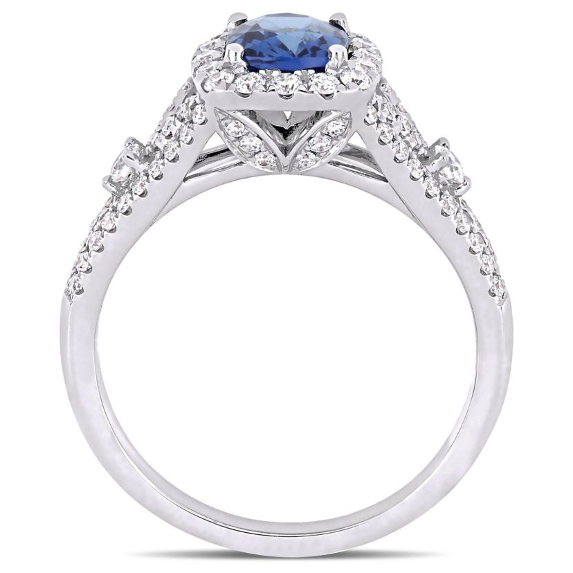 1.16 ct. t.g.w. Blue Sapphire and 5/8 ct. t.w. Diamond Vintage Halo Ring in 14K White Gold