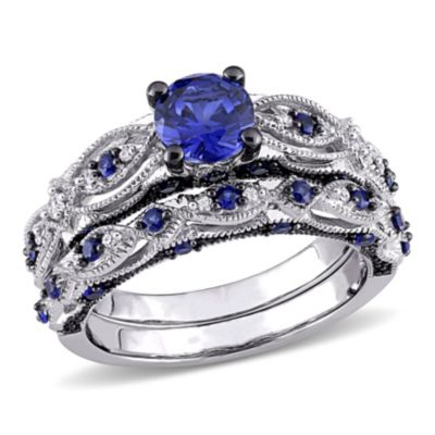 Belk & Co Lab Created 1.71 ct. t.g.w. Blue Sapphire and 1/10 ct. t.w. Diamond Bridal Ring Set in 10K White Gold Black Rhodium Plated, 6
