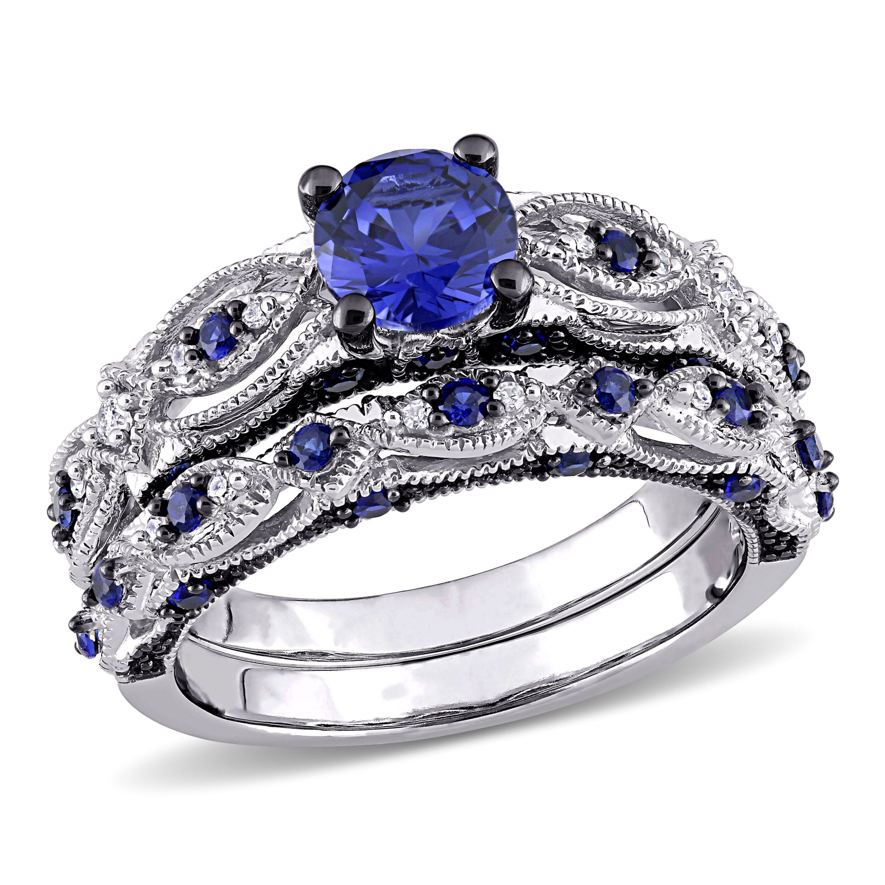 1.71 ct. t.g.w. Created Blue Sapphire and 1/10 ct. t.w. Diamond Bridal Ring Set in 10K White Gold Black Rhodium Plated