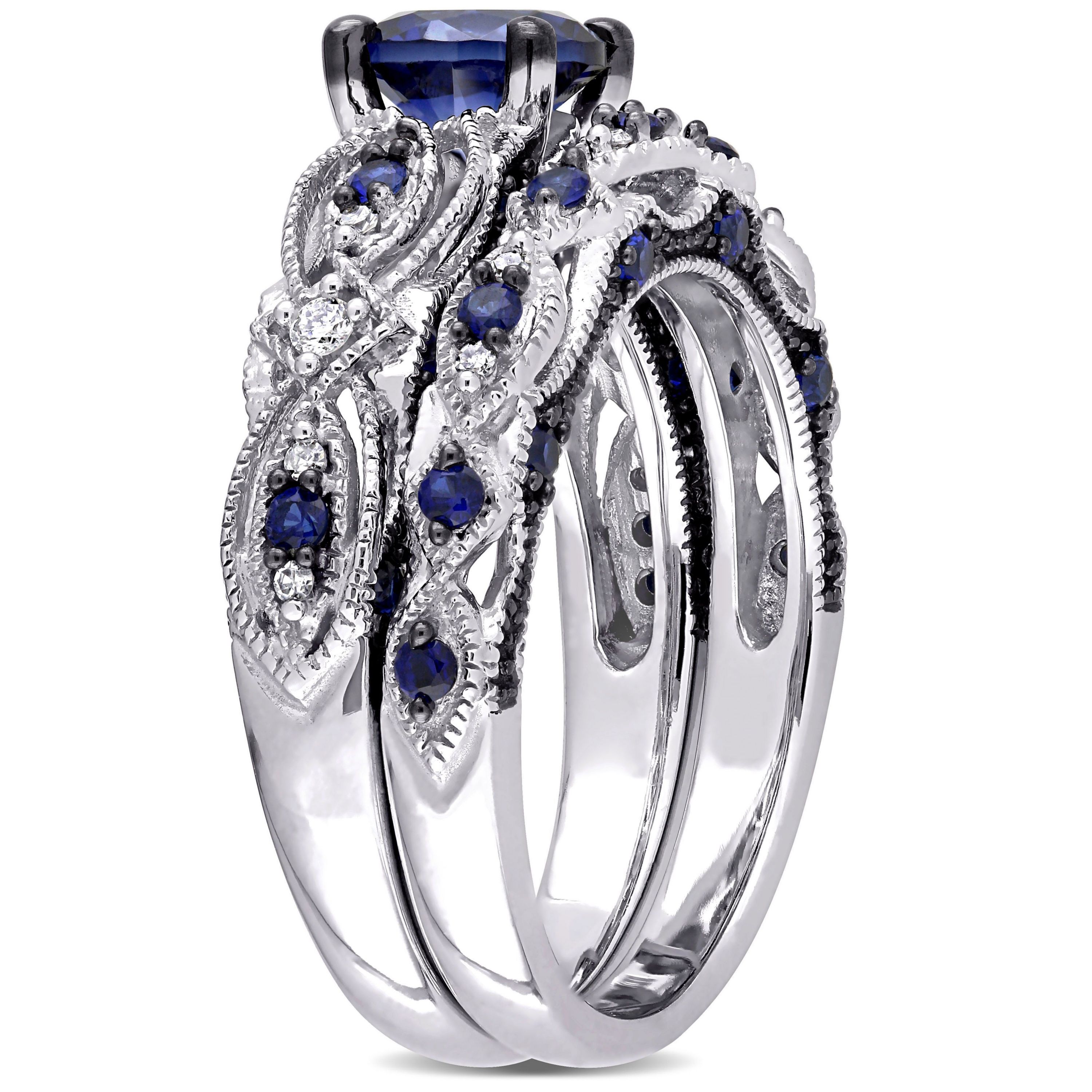 1.71 ct. t.g.w. Created Blue Sapphire and 1/10 ct. t.w. Diamond Bridal Ring Set in 10K White Gold Black Rhodium Plated