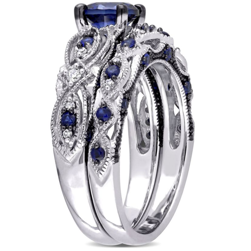 1.71 ct. t.g.w. Created Blue Sapphire and 1/10 ct. t.w. Diamond Bridal Ring Set in 10K White Gold Black Rhodium Plated
