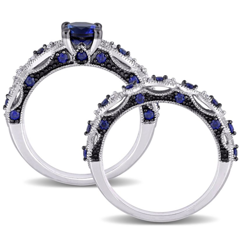 1.71 ct. t.g.w. Created Blue Sapphire and 1/10 ct. t.w. Diamond Bridal Ring Set in 10K White Gold Black Rhodium Plated