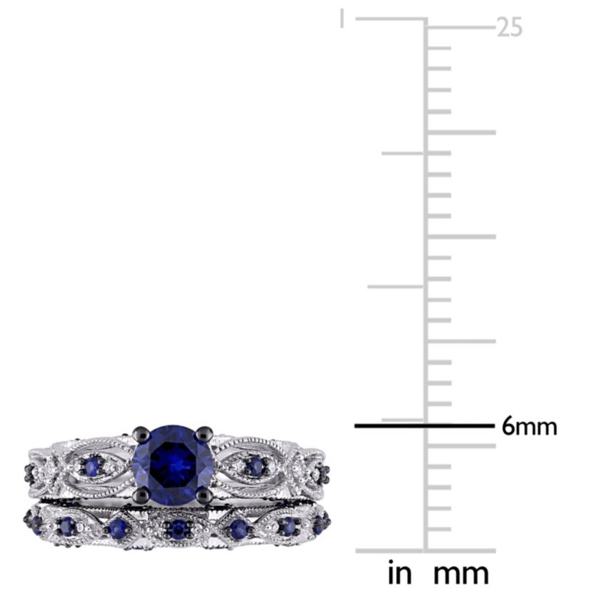 1.71 ct. t.g.w. Created Blue Sapphire and 1/10 ct. t.w. Diamond Bridal Ring Set in 10K White Gold Black Rhodium Plated