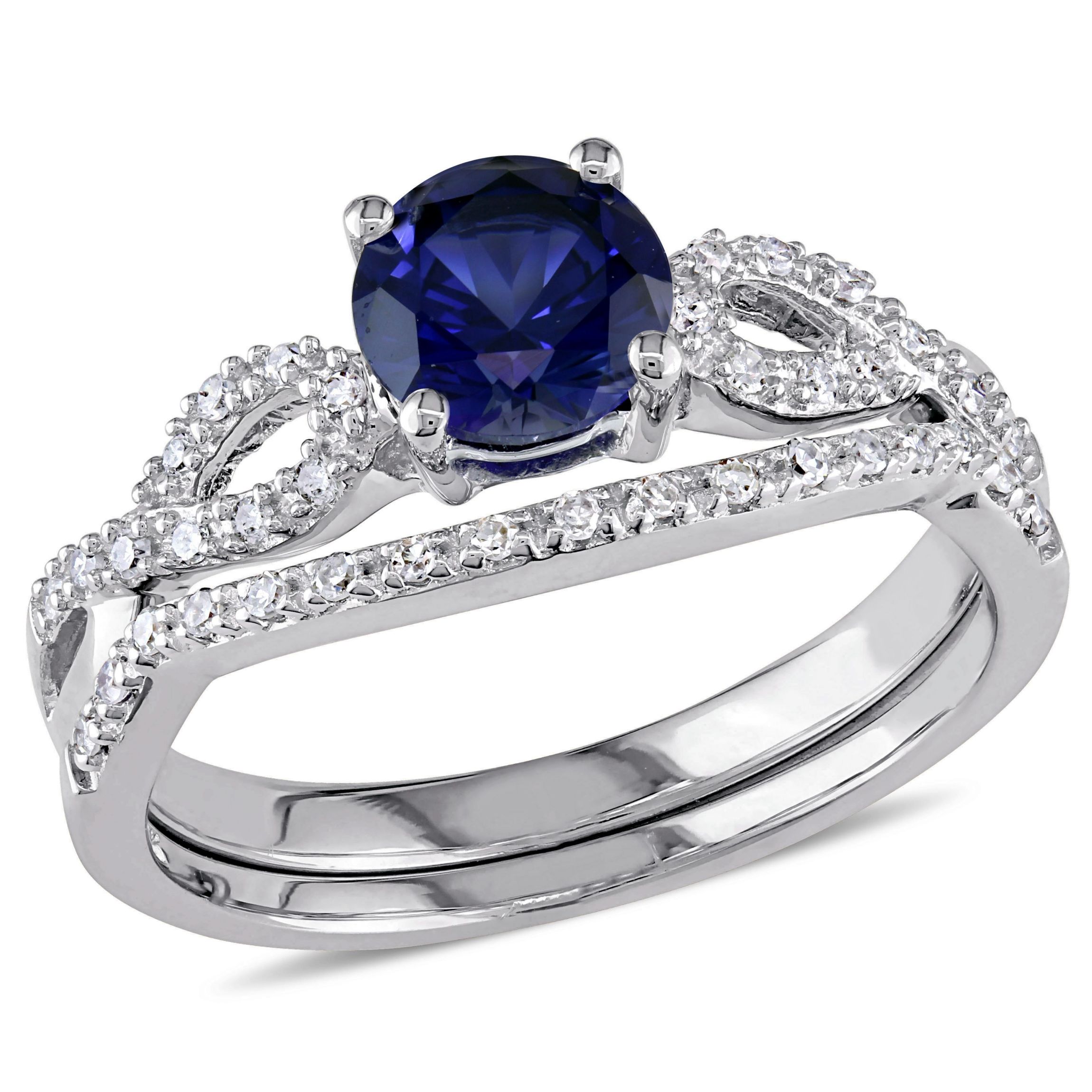 1 ct. t.g.w. Created Blue Sapphire and 1/6 ct. t.w. Diamond Bridal Ring Set in 10K White Gold