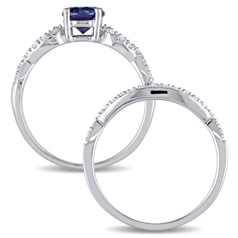 1 ct. t.g.w. Created Blue Sapphire and 1/6 ct. t.w. Diamond Bridal Ring Set in 10K White Gold