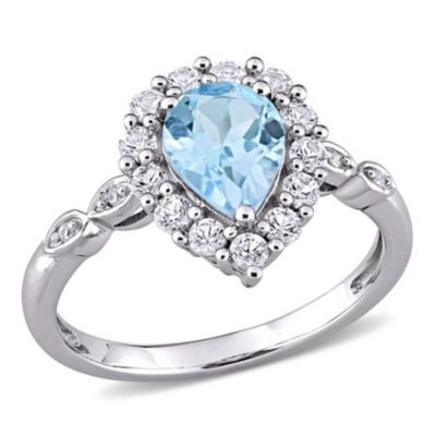 Belk & Co Lab Created 2 ct. t.g.w. Sky Blue Topaz, White Sapphire and 1/10 ct. t.w. Diamond Halo Cocktail Ring in 10K White Gold