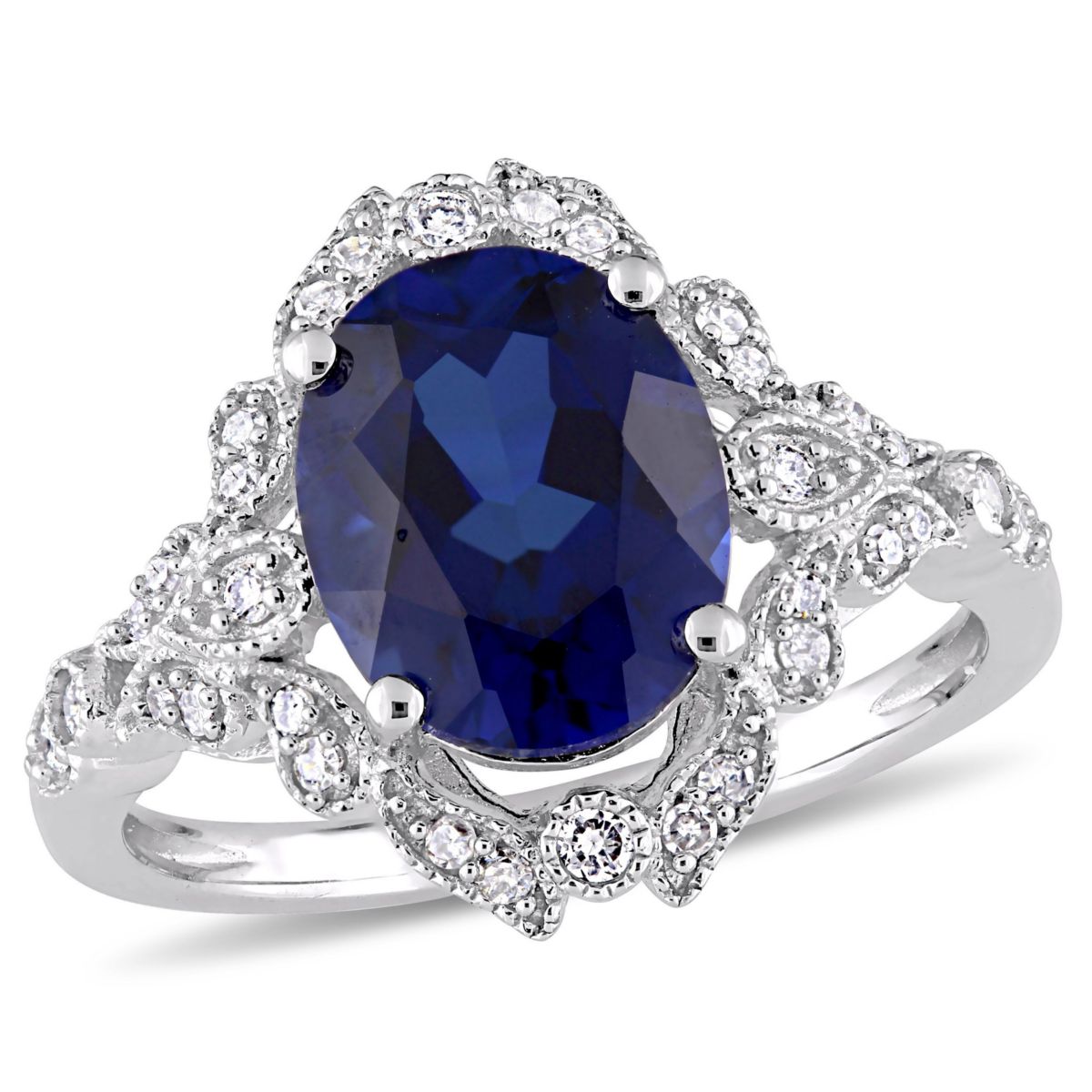 4.16 ct. t.g.w. Created Blue Sapphire and 1/5 ct. t.w. Diamond Cocktail Ring in 10K White Gold