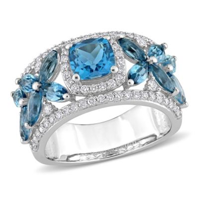 Belk & Co 3.5 Ct. T.g.w. London Blue Topaz And 1/2 Ct. T.w. Diamond Floral Ring In 14K White Gold, 7 -  0075000405506