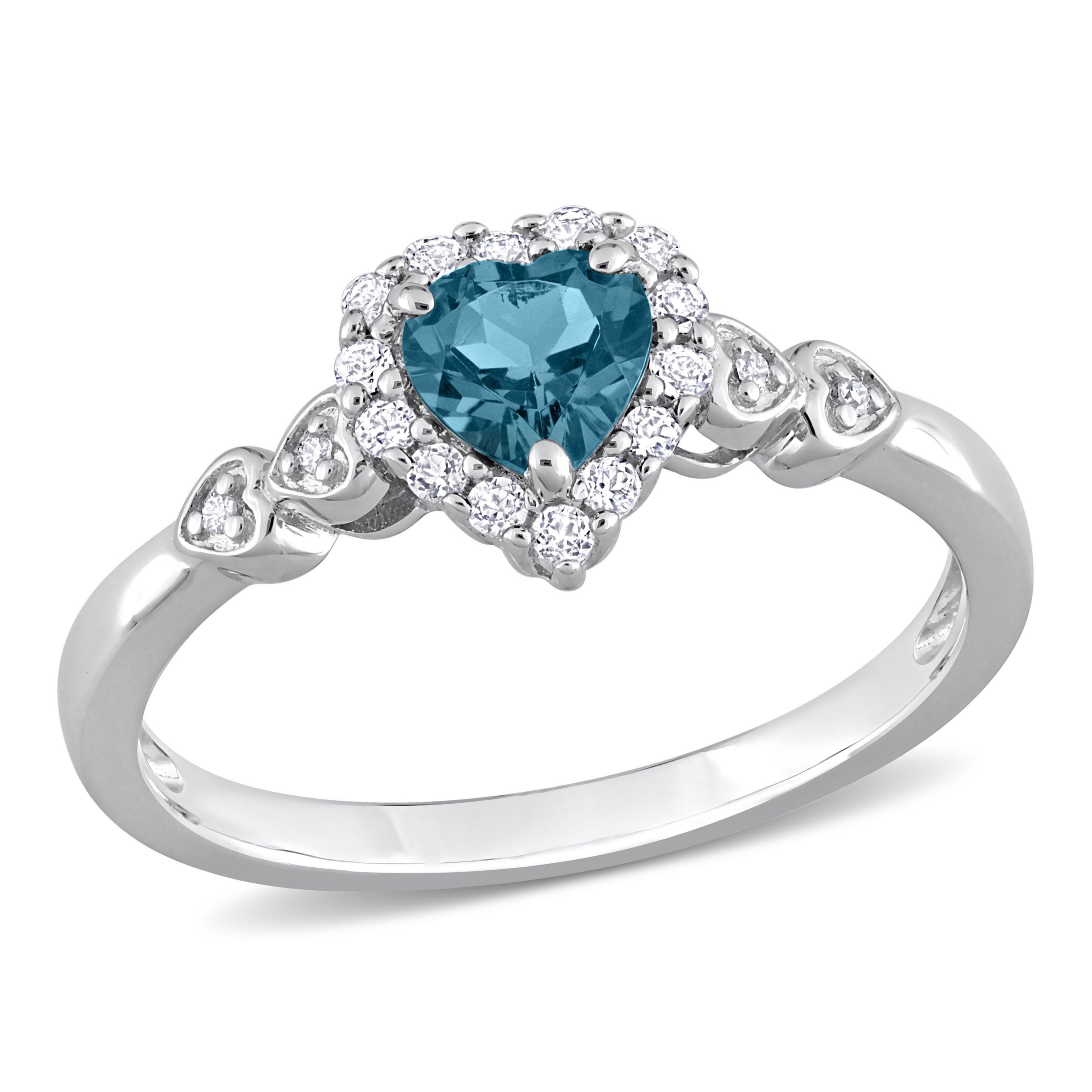 5/8 ct. t.g.w. London Blue Topaz, White Topaz and 1/10 ct. t.w. Diamond Halo Heart Ring in Sterling Silver
