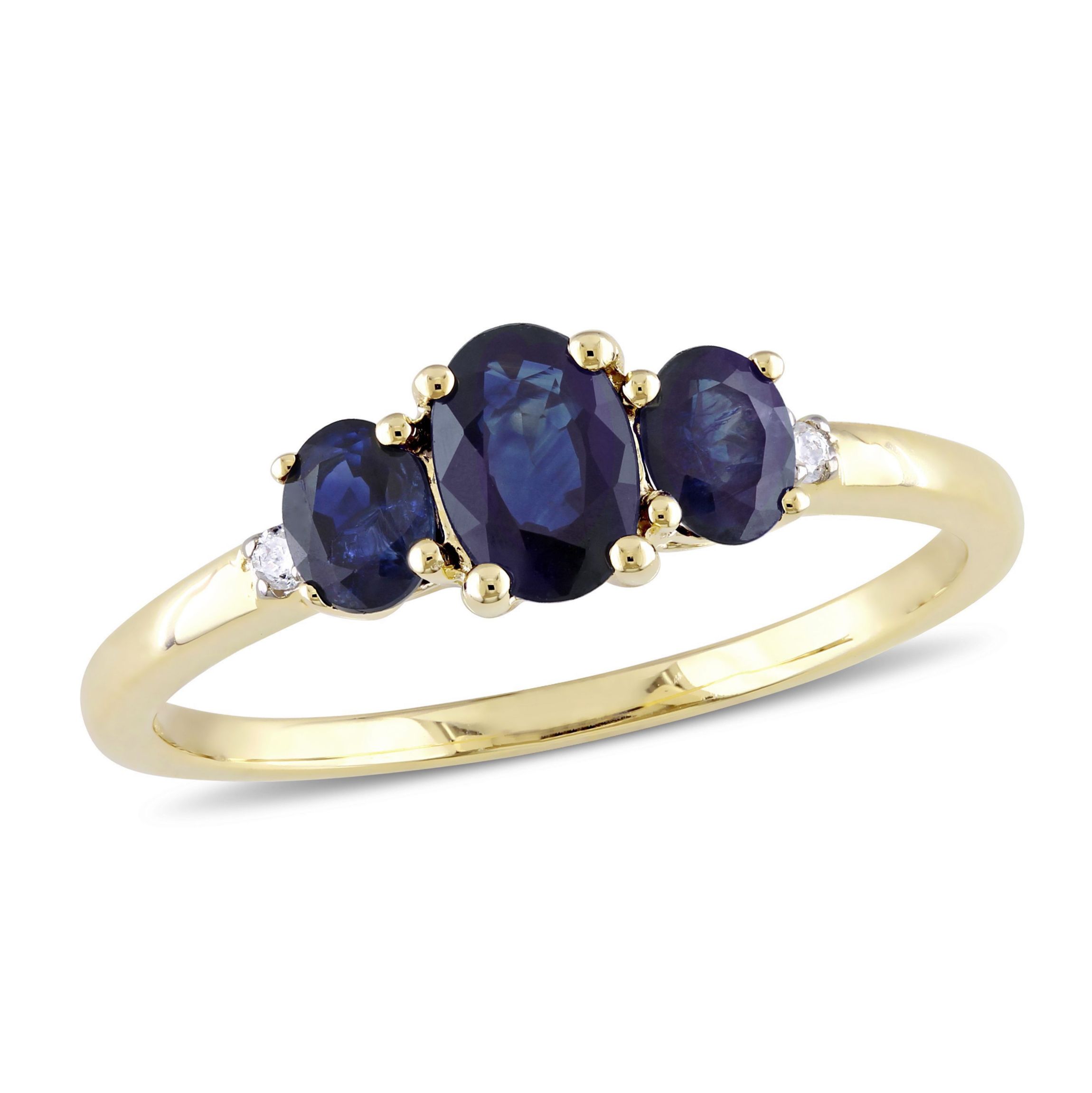 1 ct. t.g.w. Blue Sapphire and 1/10 ct. t.w. Diamond 3-Stone Ring in 10K Yellow Gold