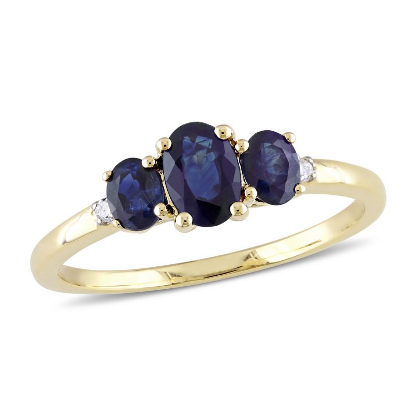 1 ct. t.g.w. Blue Sapphire and 1/10 ct. t.w. Diamond 3-Stone Ring in 10K Yellow Gold