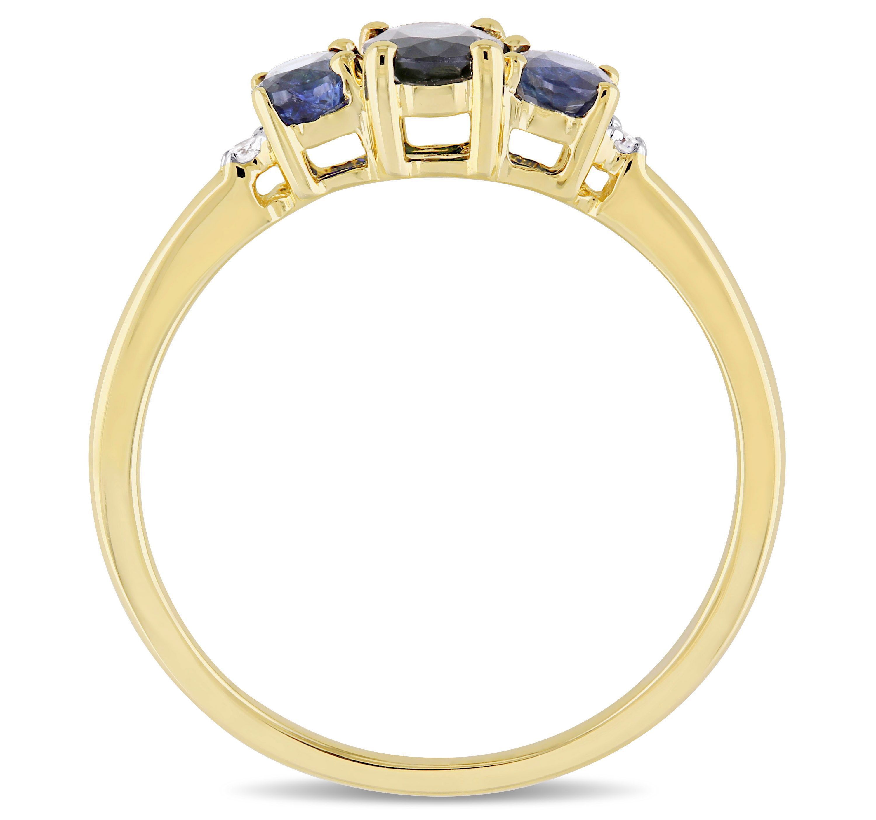 1 ct. t.g.w. Blue Sapphire and 1/10 ct. t.w. Diamond 3-Stone Ring in 10K Yellow Gold