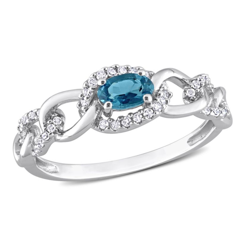1/3 ct. t.g.w. London Blue Topaz and 1/8 ct. t.w. Diamond Link Ring in 10K White Gold