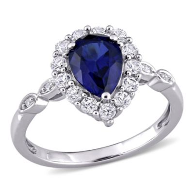 Belk & Co 2.45 ct. t.g.w. Created Blue and White Sapphire and 1/10 ct. t.w. Diamond Halo Cocktail Ring in 10K White Gold, 6.5 -  0075000408446