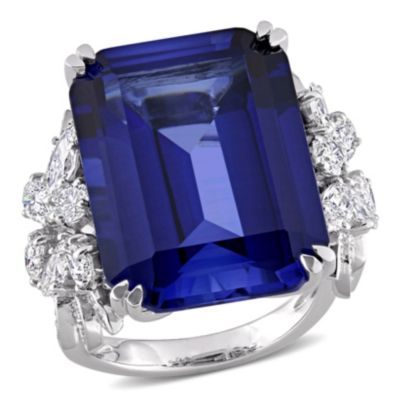 27 ct. t.g.w. Created Blue Sapphire and 1.758 t.w. Diamond Cocktail Ring 14K White Gold