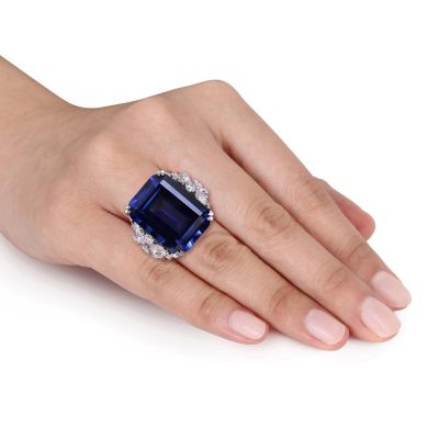 27 ct. t.g.w. Created Blue Sapphire and 1.758 t.w. Diamond Cocktail Ring 14K White Gold