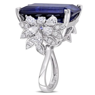 27 ct. t.g.w. Created Blue Sapphire and 1.758 t.w. Diamond Cocktail Ring 14K White Gold