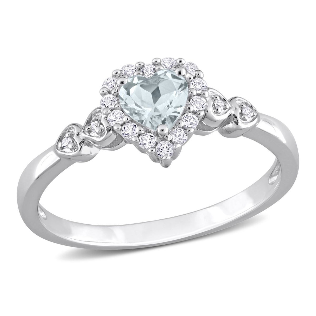 1/2 ct. t.g.w. Aquamarine, White Topaz and 1/10 ct. t.w. Diamond Halo Heart Ring in Sterling Silver